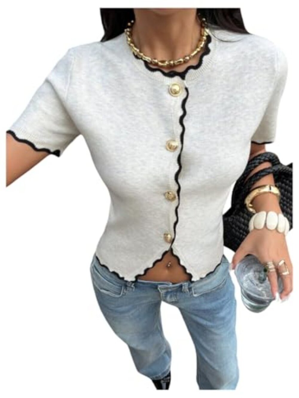 SHENHE Short Sleeve Button Up Cardigan Gold Buttons Ruffle Trim Crewneck Knit